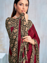 Maroon floral printed contrast border and pallu casual saree
