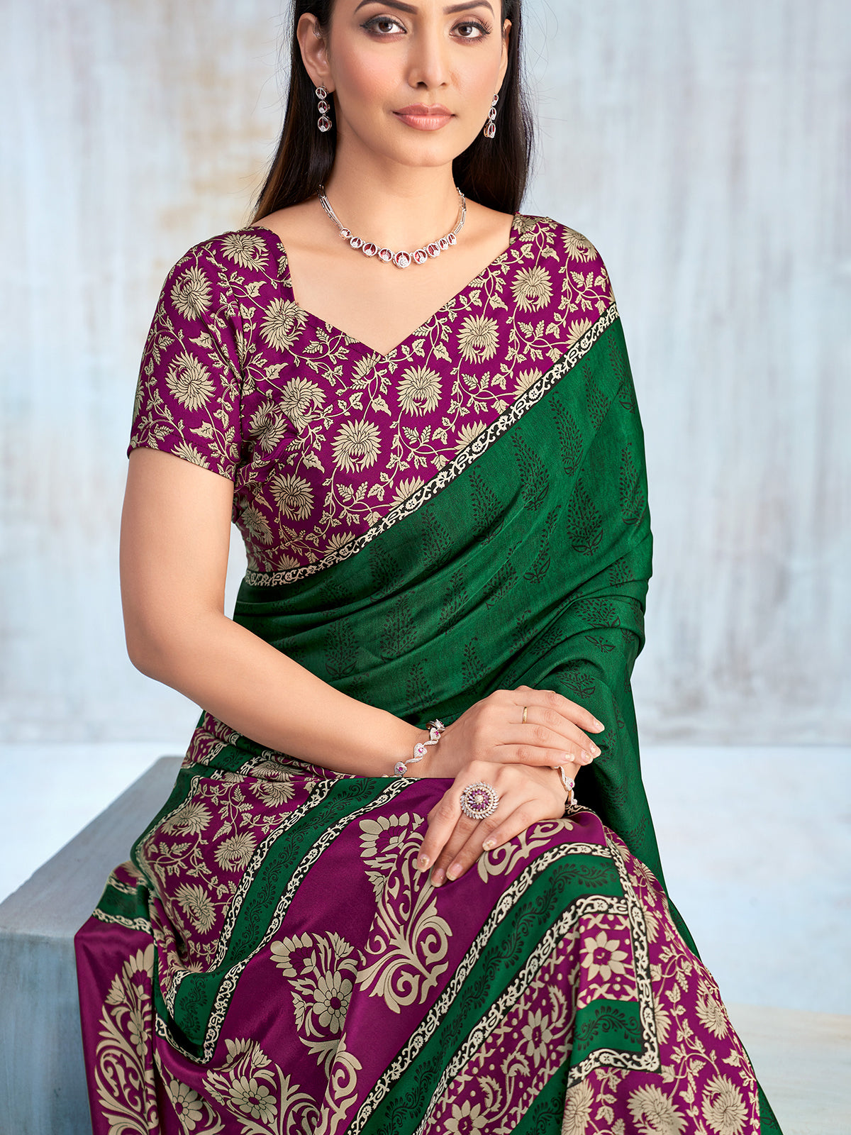 Green floral printed contrast border and pallu silk saree
