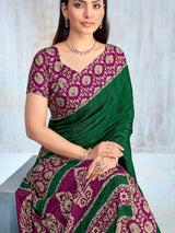 Green floral printed contrast border and pallu silk saree