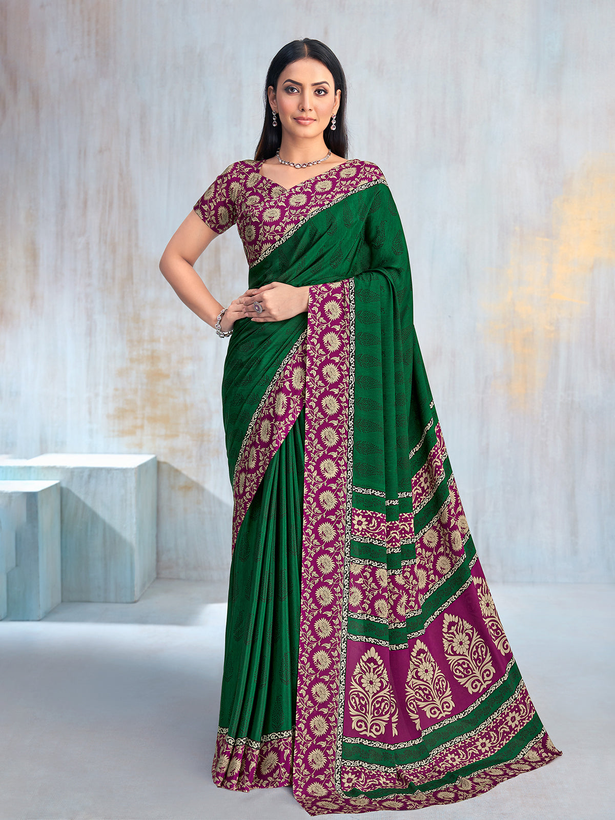 Green floral printed contrast border and pallu silk saree