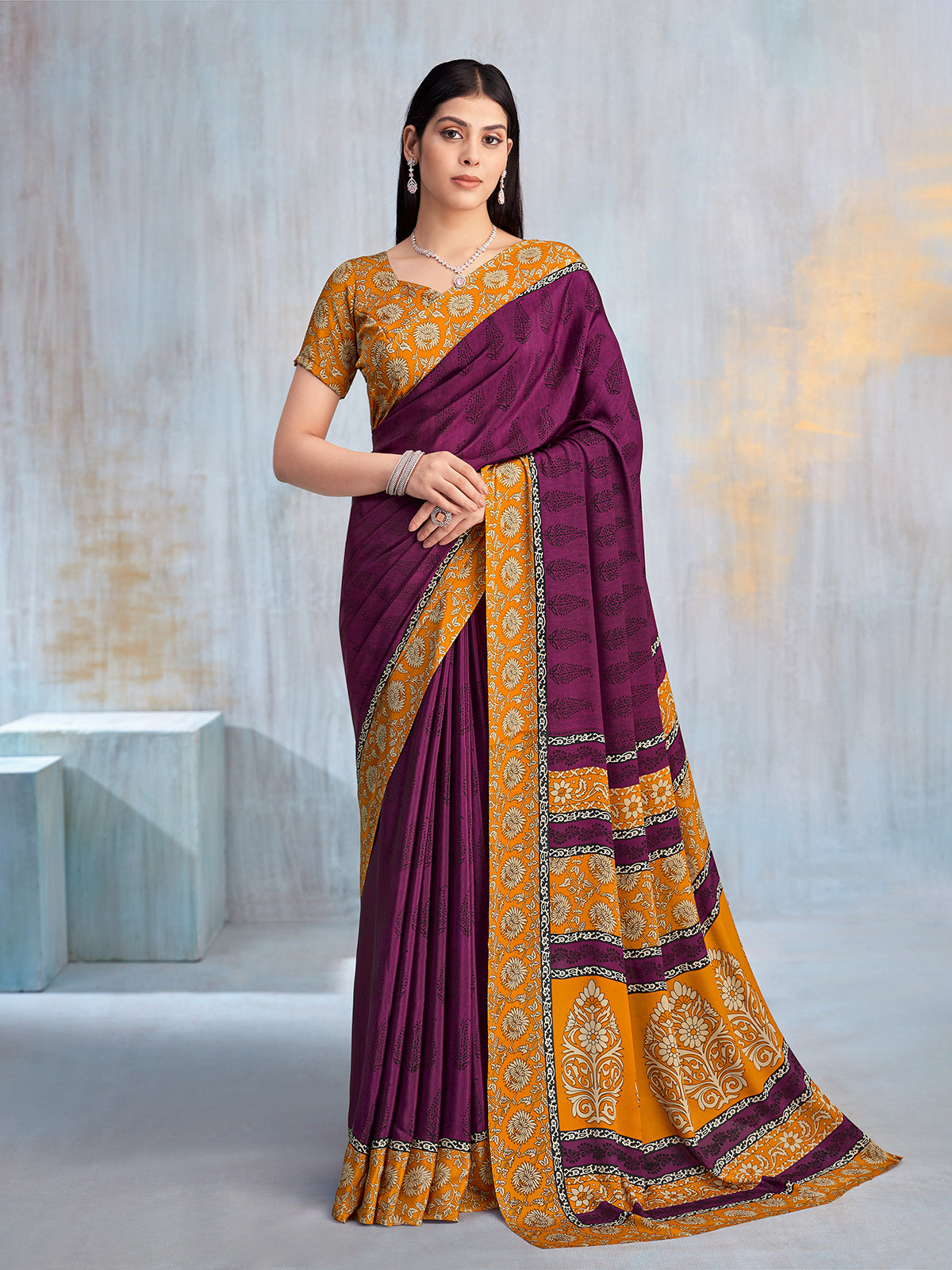 Purple floral printed contrast border and pallu casual saree
