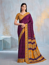 Purple floral printed contrast border and pallu casual saree