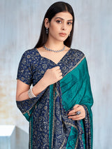 Rama green floral printed contrast border and pallu saree