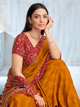 Mustard yellow floral printed contrast border and pallu saree