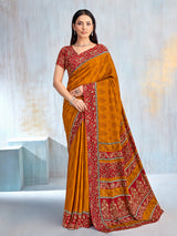 Mustard yellow floral printed contrast border and pallu saree