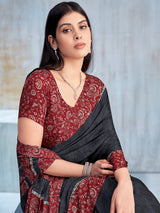 Charcoal black floral printed contrast border and pallu saree