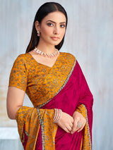 Rani pink floral printed contrast border and pallu saree