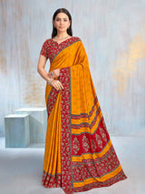 Mustard yellow printed contrast border and pallu saree