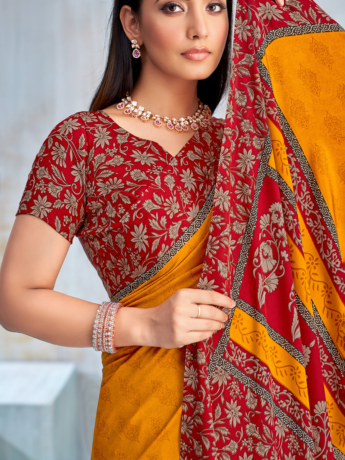 Mustard yellow printed contrast border and pallu saree