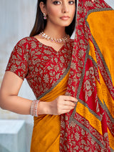 Mustard yellow printed contrast border and pallu saree