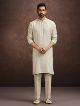Beige premium embroidered linen kurta pajama set