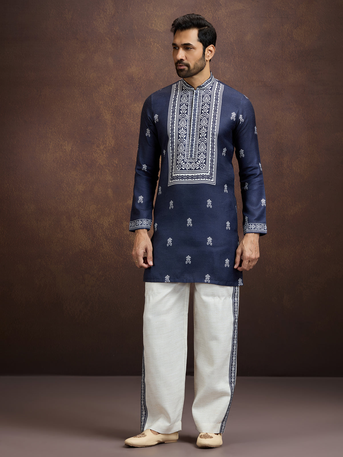 Blue festive printed linen kurta pajama outfit