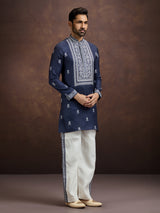 Blue festive printed linen kurta pajama outfit