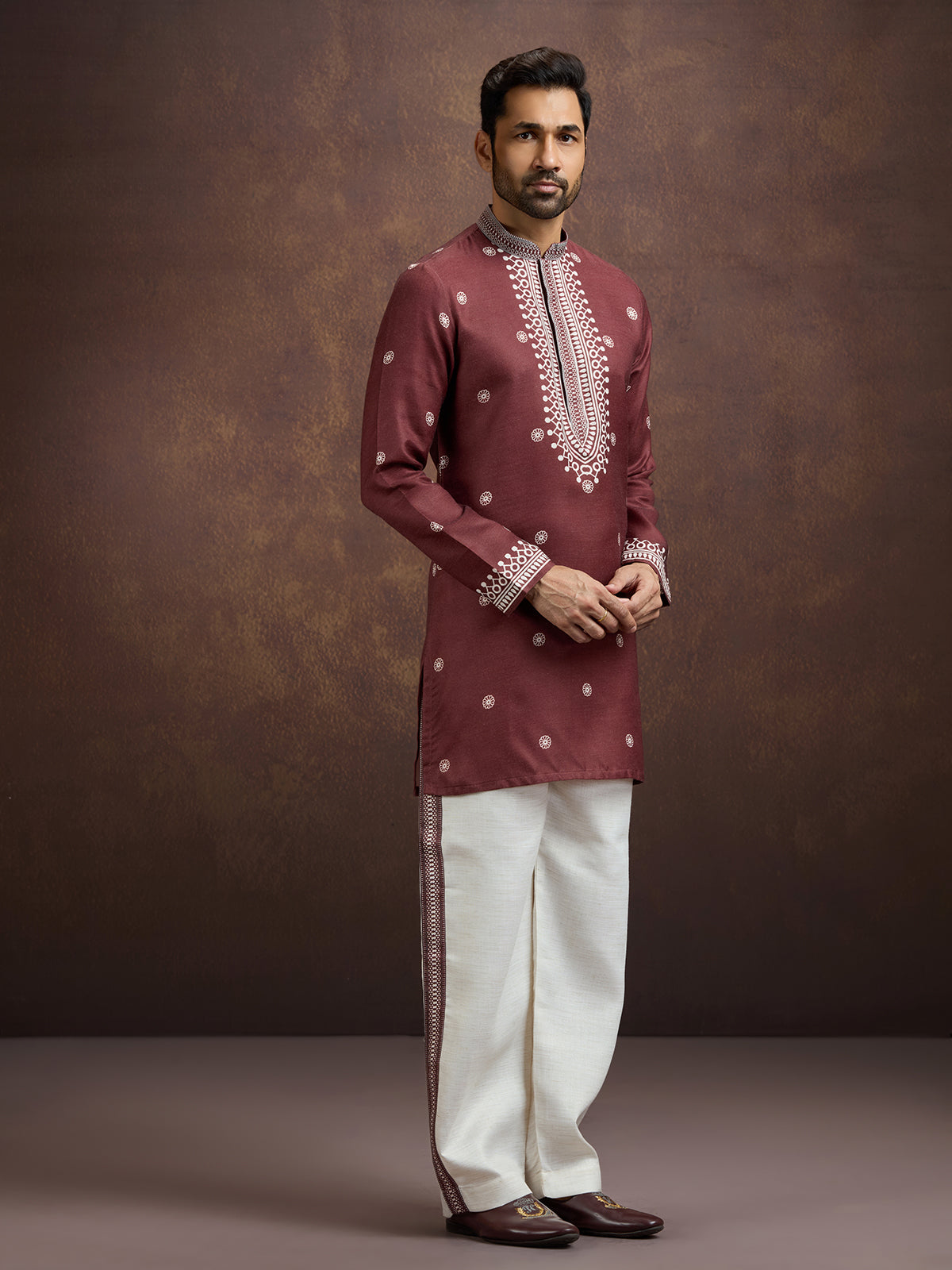 Maroon elegant printed linen kurta pajama