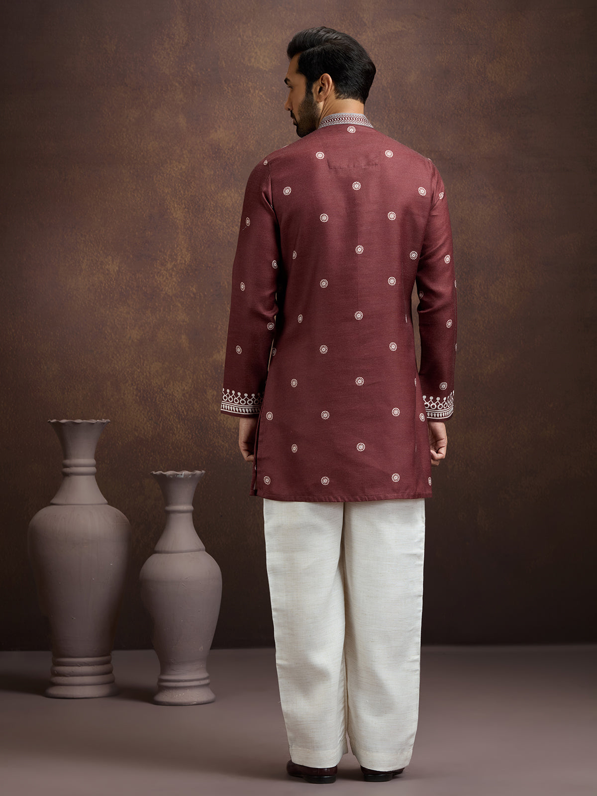 Maroon elegant printed linen kurta pajama