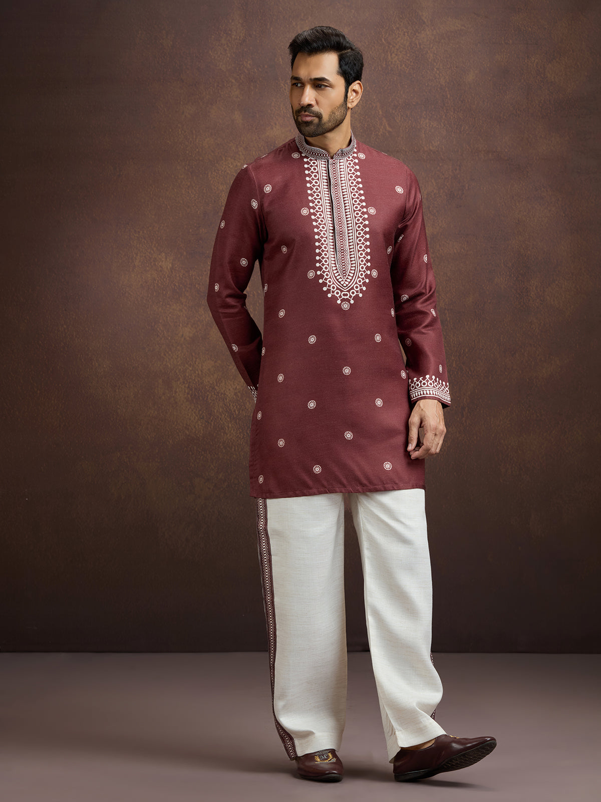 Maroon elegant printed linen kurta pajama