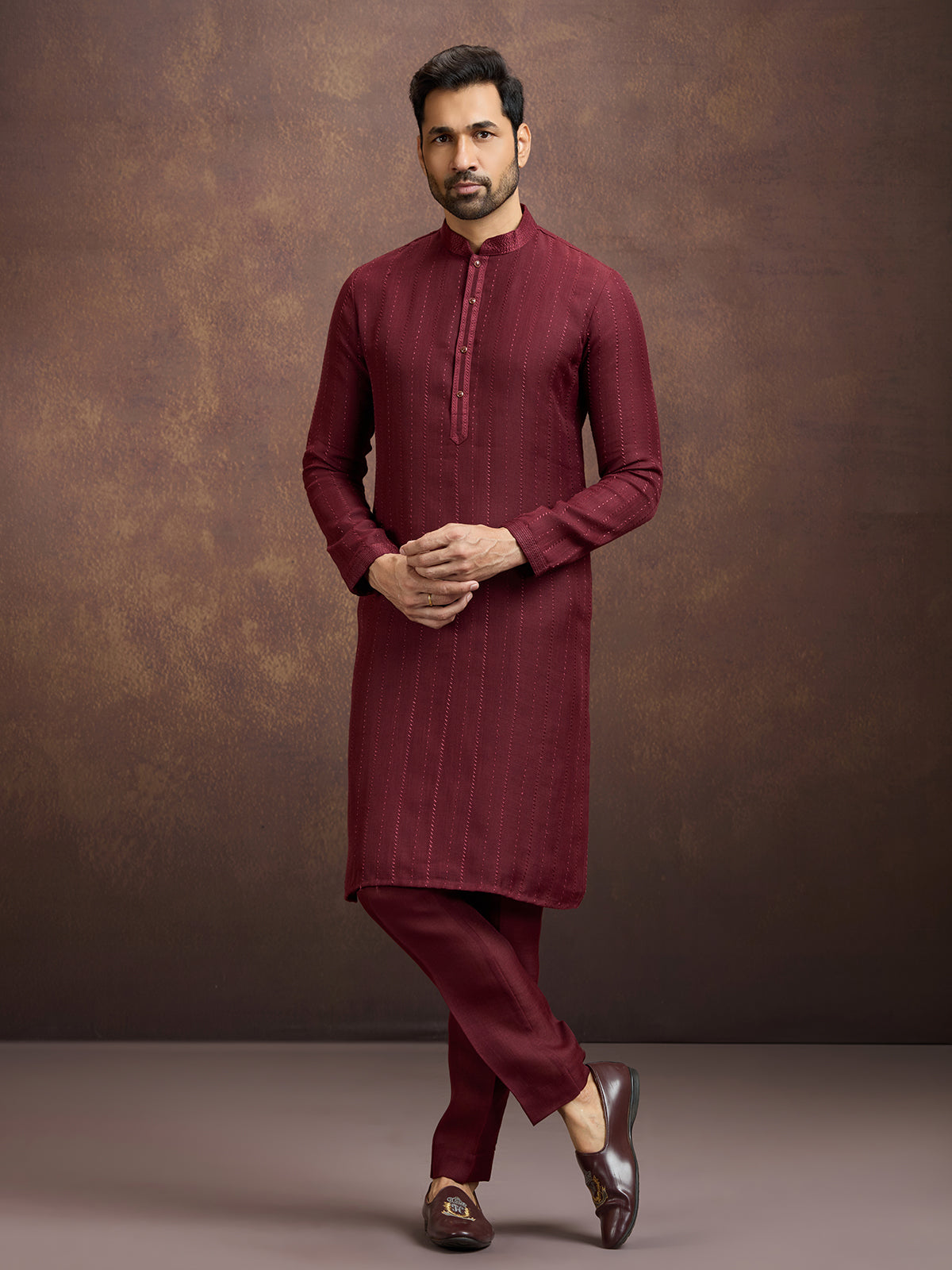 Maroon royal embroidered linen kurta suit ensemble
