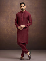 Maroon royal embroidered linen kurta suit ensemble