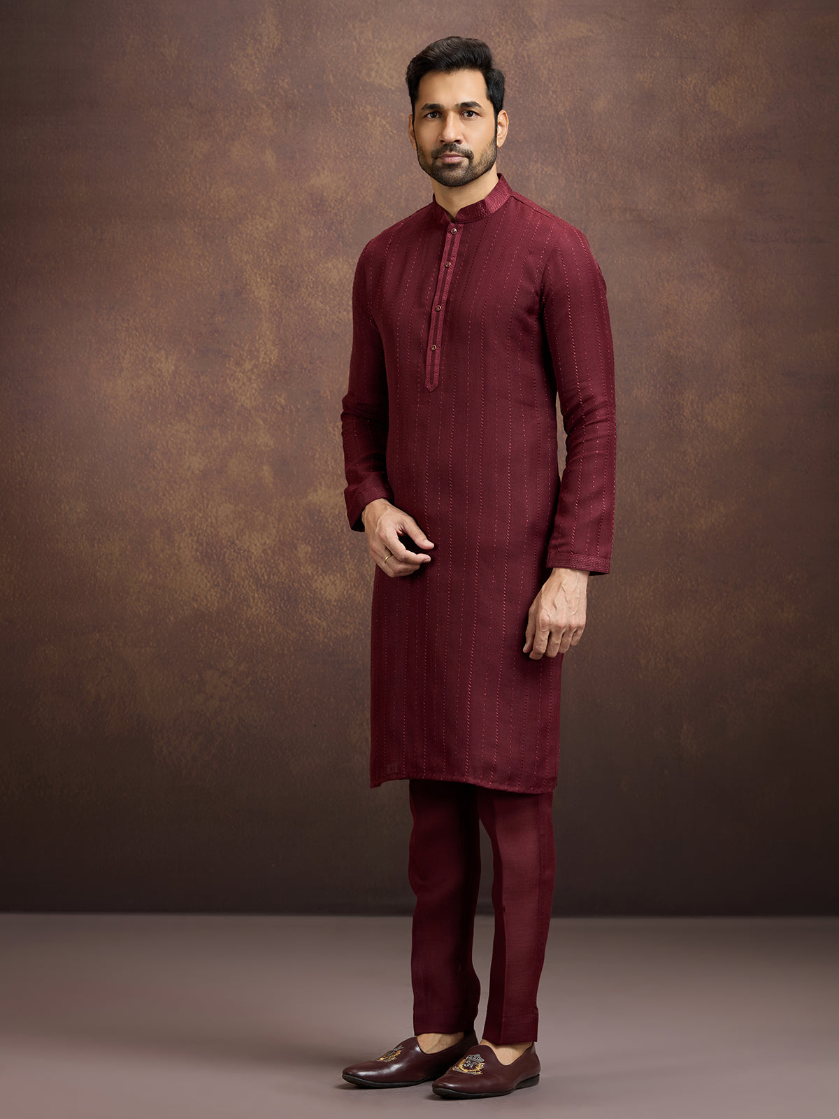 Maroon royal embroidered linen kurta suit ensemble