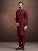 Maroon royal embroidered linen kurta suit ensemble