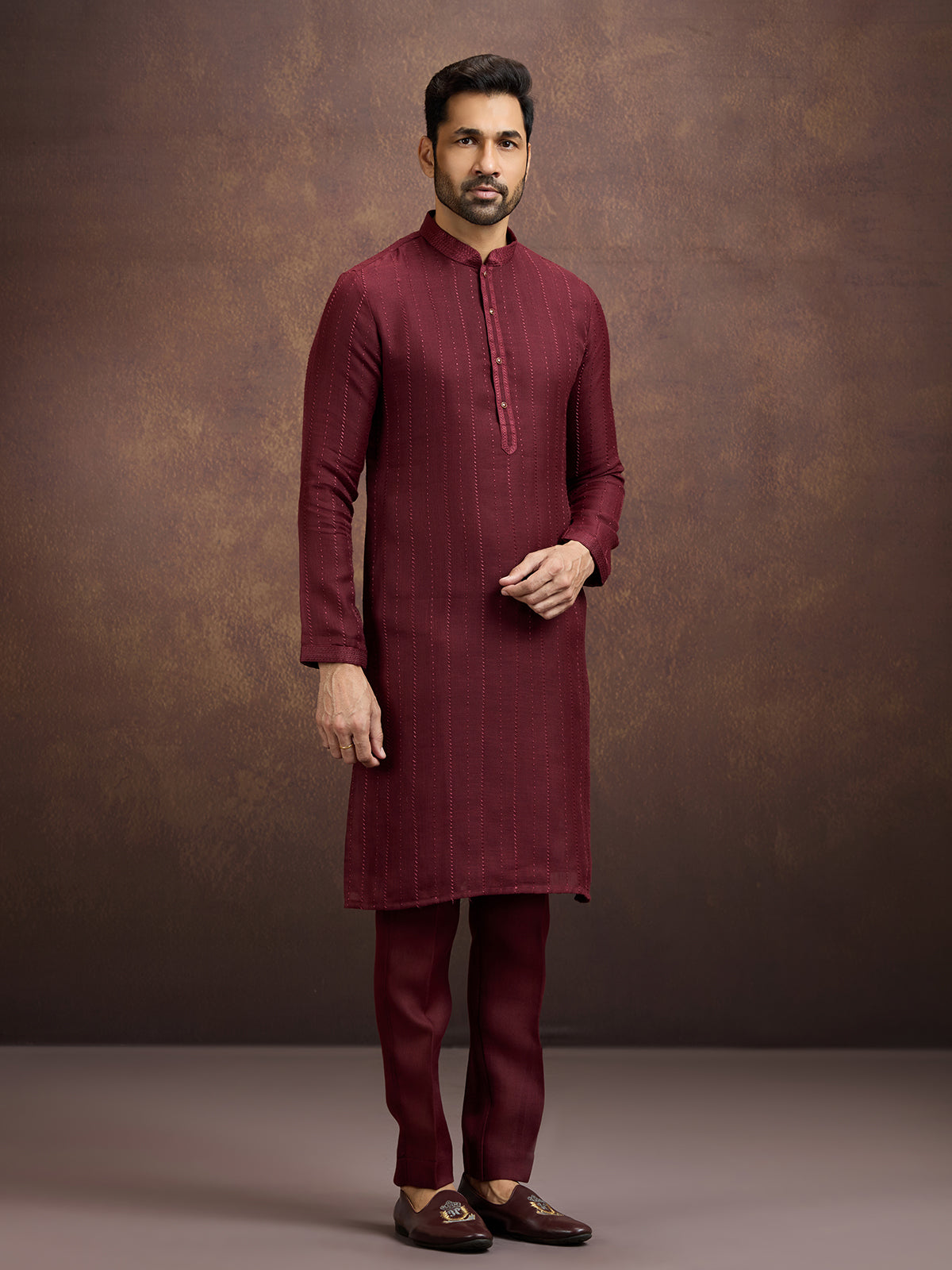 Maroon royal embroidered linen kurta suit ensemble