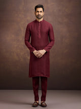 Maroon royal embroidered linen kurta suit ensemble