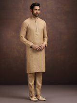 Gold graceful embroidered linen kurta pajama attire