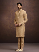 Gold graceful embroidered linen kurta pajama attire