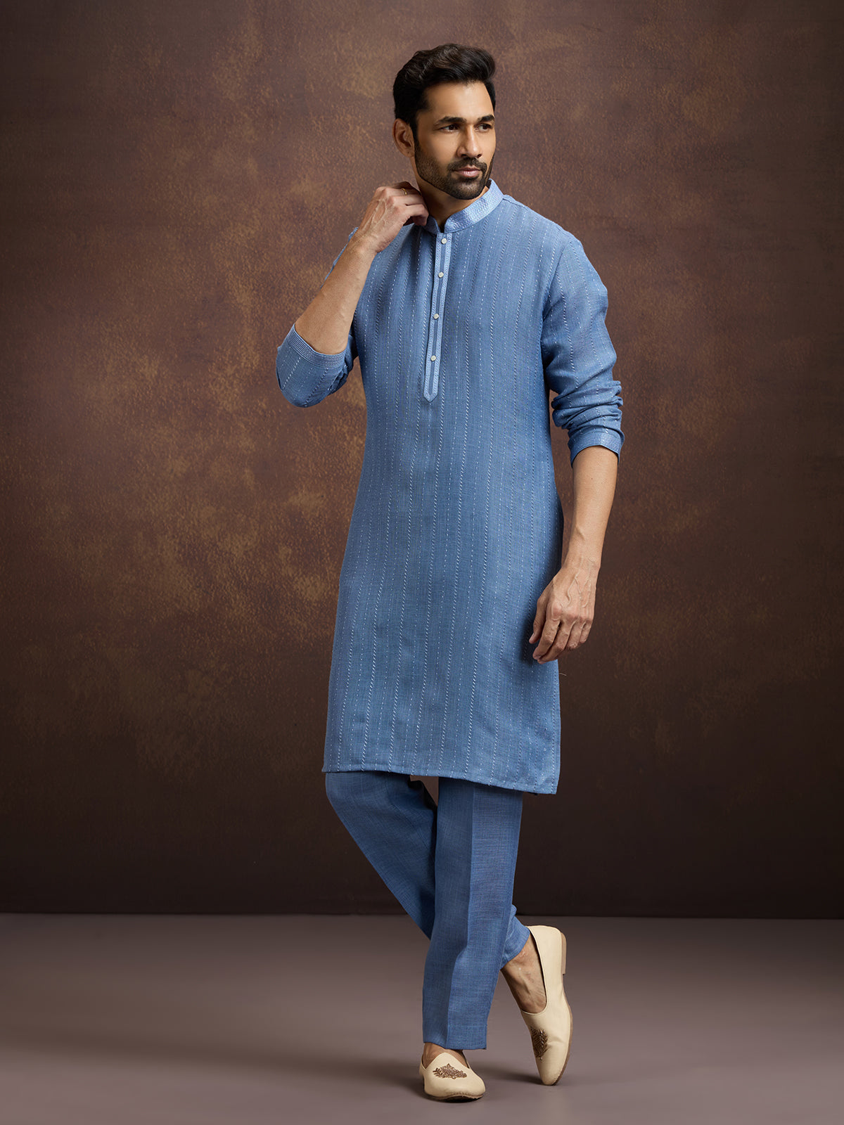 Stone blue designer embroidered linen kurta suit