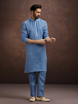 Stone blue designer embroidered linen kurta suit