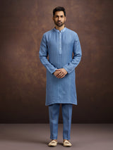 Stone blue designer embroidered linen kurta suit