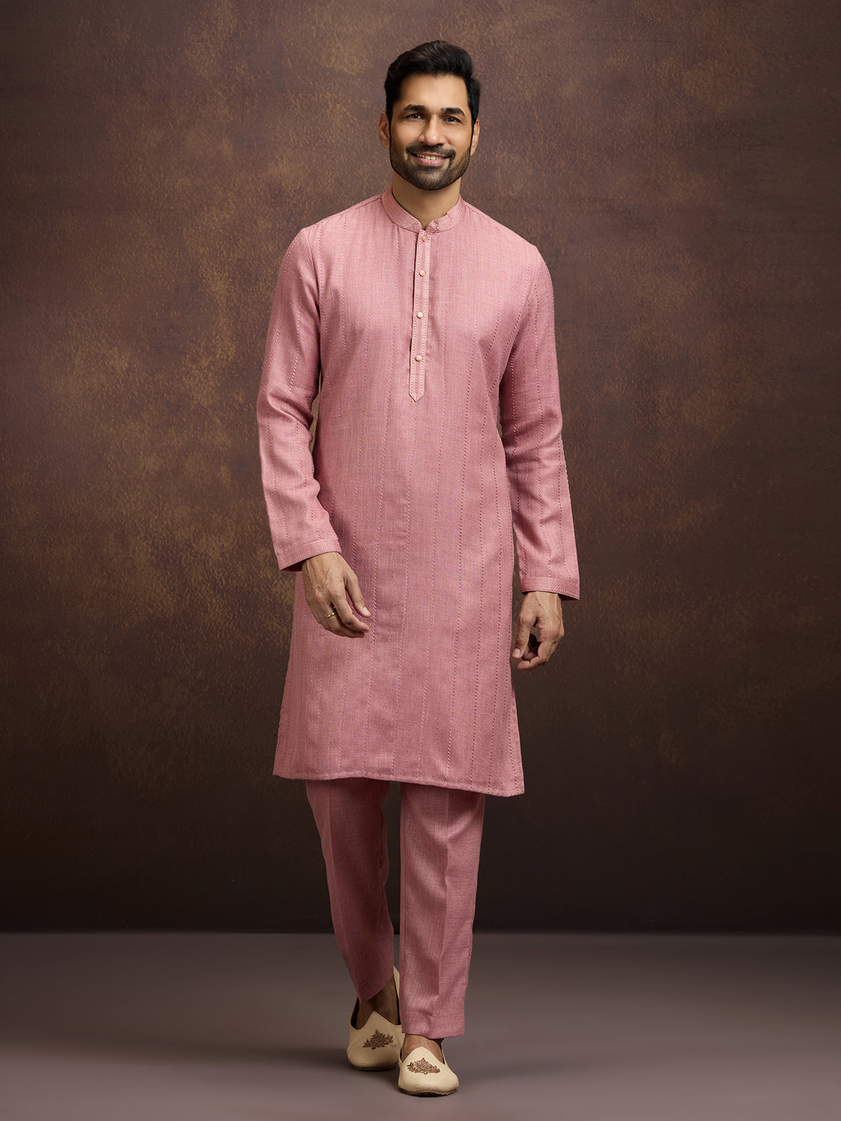 Pink festive embroidered linen kurta pajama collection