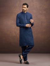 Navy blue classic embroidered linen kurta suit