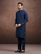 Navy blue classic embroidered linen kurta suit