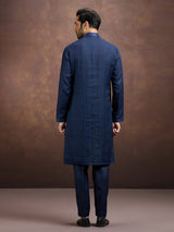 Navy blue classic embroidered linen kurta suit