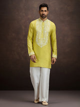 Mustard yellow lucknowi chikankari silk kurta pajama for men