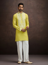 Mustard yellow lucknowi chikankari silk kurta pajama for men