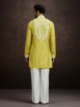 Mustard yellow lucknowi chikankari silk kurta pajama for men