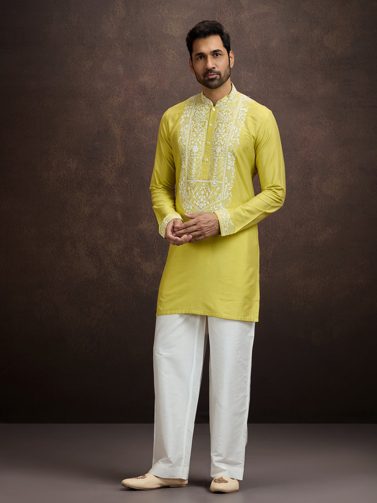 Mustard yellow lucknowi chikankari silk kurta pajama for men