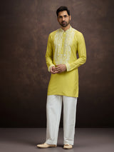Mustard yellow lucknowi chikankari silk kurta pajama for men