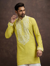 Mustard yellow lucknowi chikankari silk kurta pajama for men