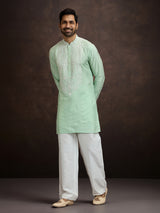 Pista green lucknowi chikankari silk kurta pajama for men