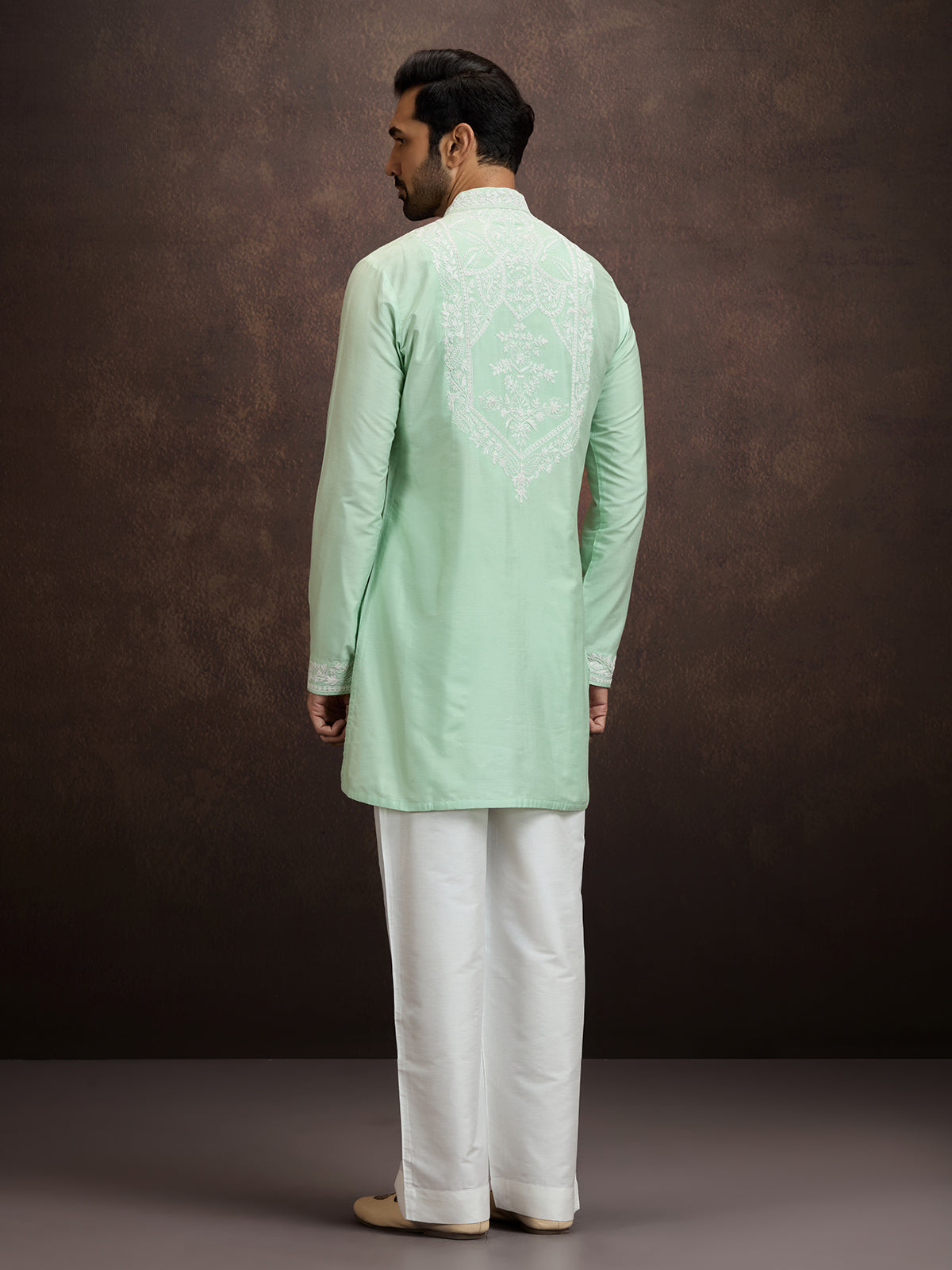 Pista green lucknowi chikankari silk kurta pajama for men
