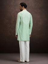 Pista green lucknowi chikankari silk kurta pajama for men