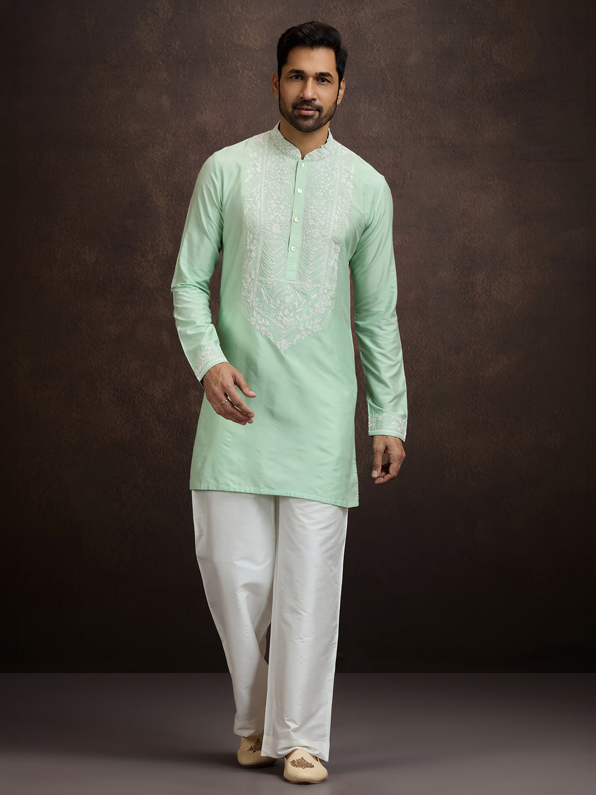 Pista green lucknowi chikankari silk kurta pajama for men