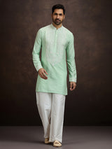 Pista green lucknowi chikankari silk kurta pajama for men