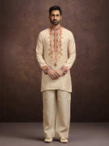 Beige printed linen kurta pajama outfit for men
