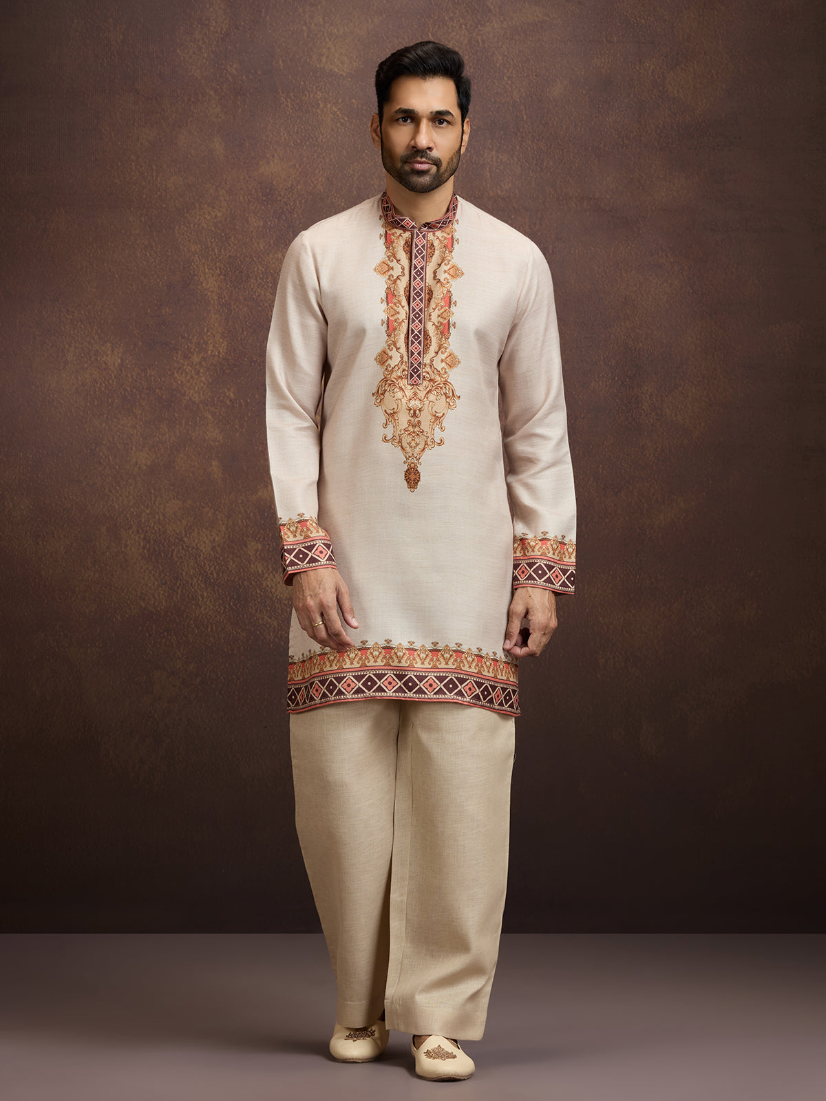 Off white printed linen kurta pajama outfit for men