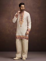 Off white printed linen kurta pajama outfit for men