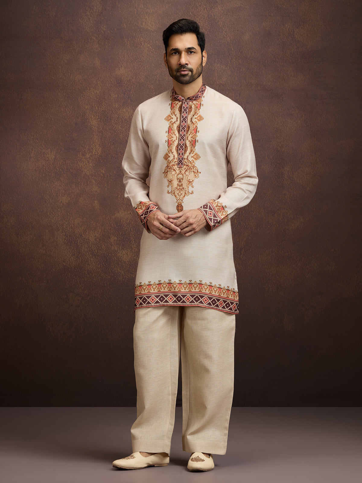 Off white printed linen kurta pajama outfit for men